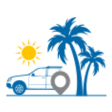 Suv vehicle under sun next to blue palm trees